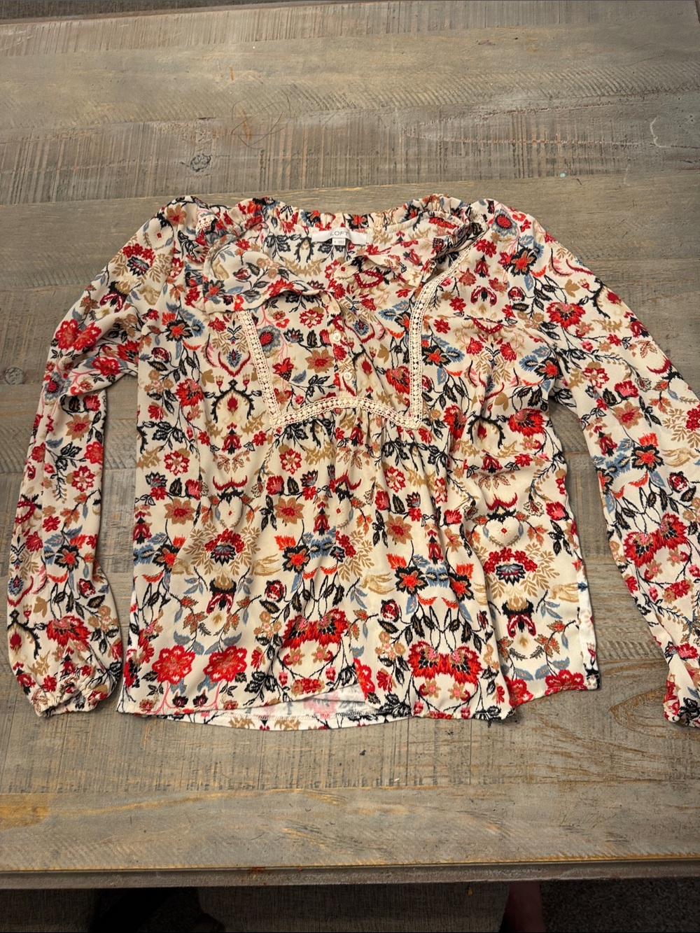 LOFT Cream Floral Peasant Blouse with Red and Blue Prints